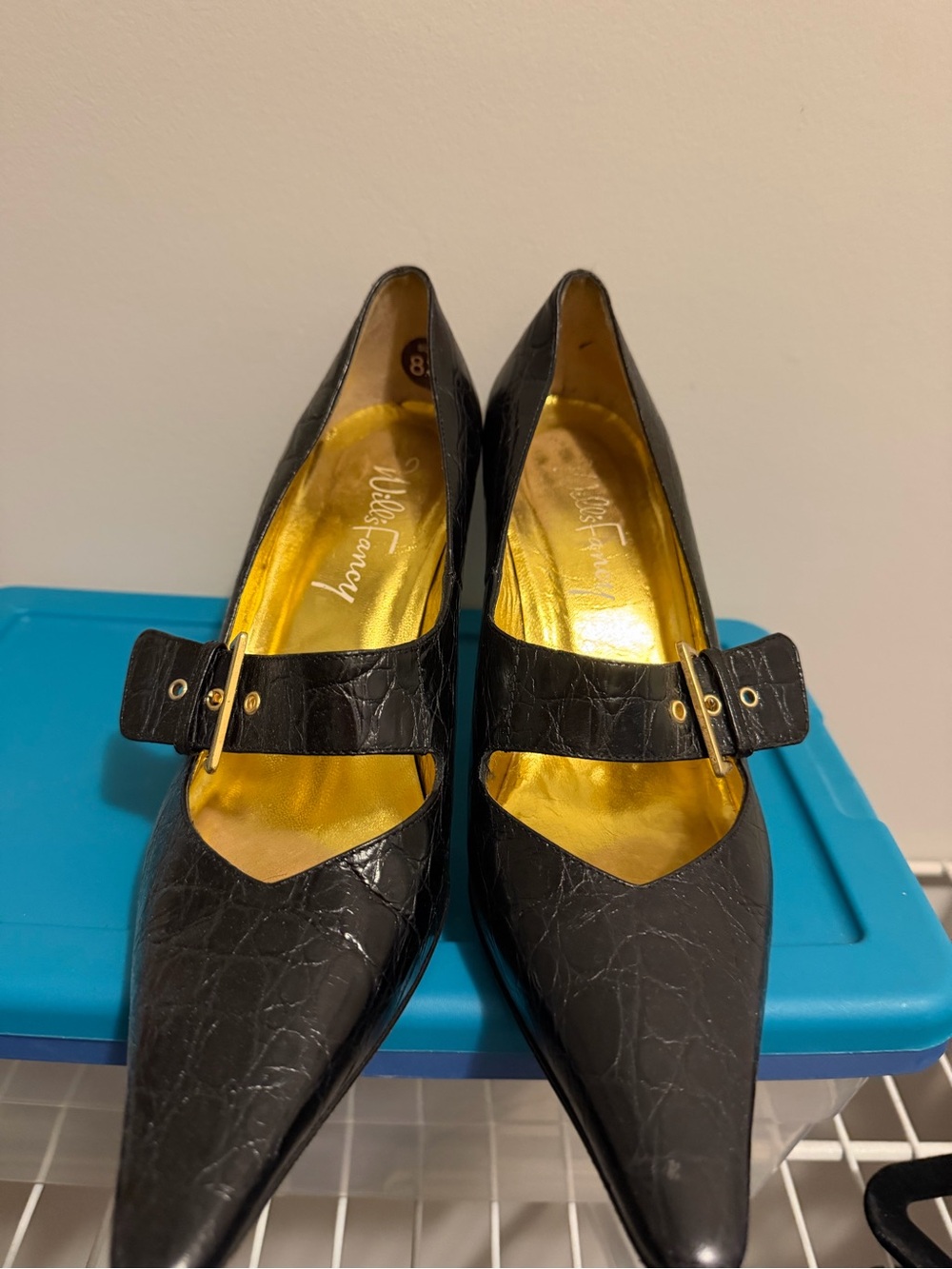 Black Croc-Embossed Pointed Mary Jane Heels with Gold Interior